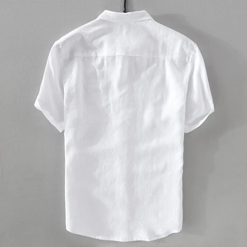 Men's loose fit short sleeve shirt in cotton linen blend fabric available in multiple solid colours