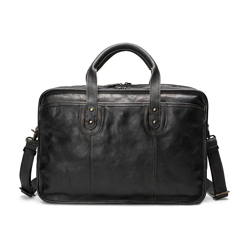 Men's black leather briefcase showing interior organisational pockets and compartments