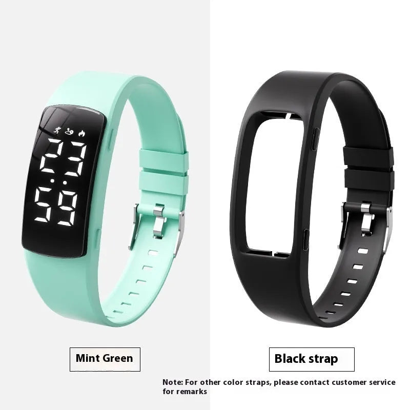 Waterproof vibration alarm clock watch with black silicone strap and LED display showing time