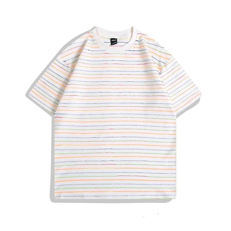 Loose fit striped half sleeve t-shirt for couples in apricot, black, grey, pink, and yellow colours.