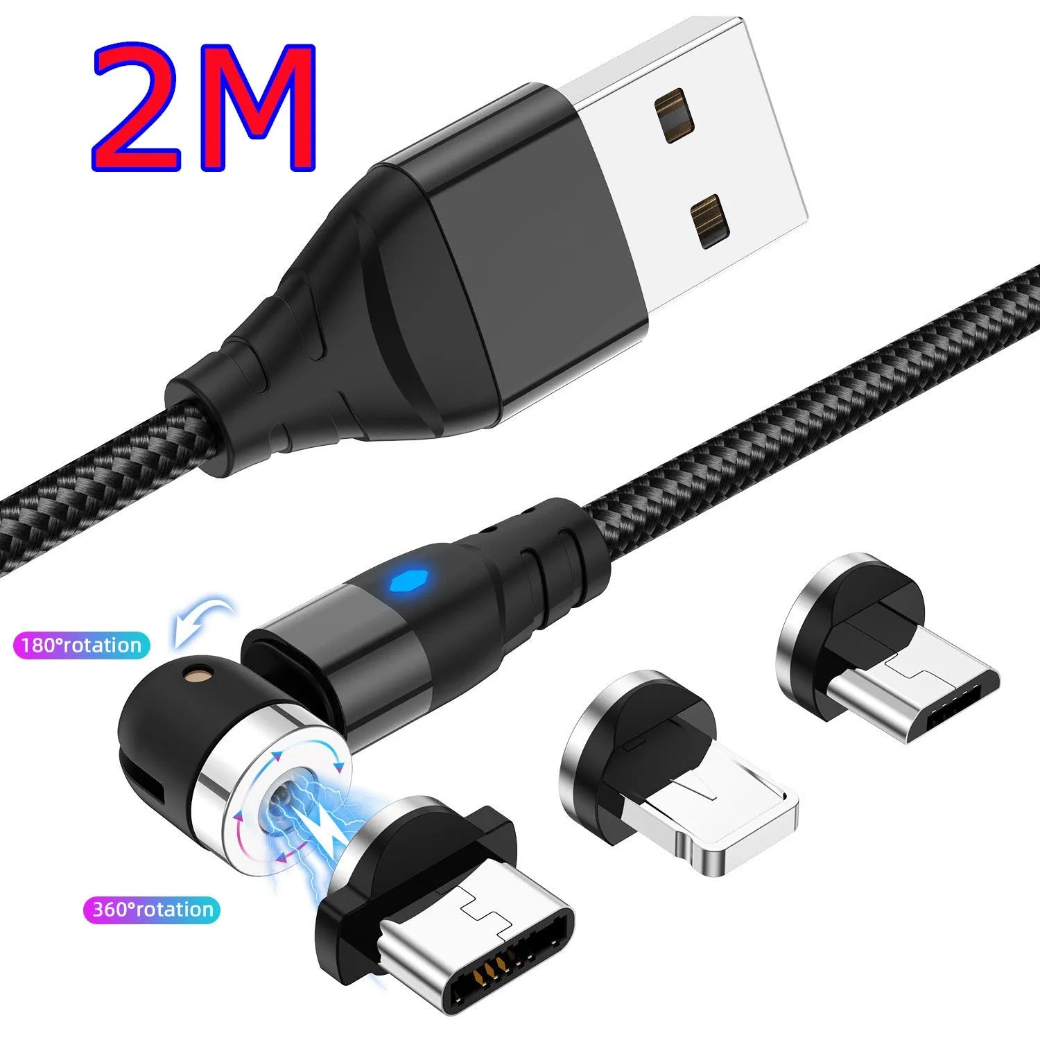 Magnetic charging cable with LED light indicator in various colours showing magnetic connection heads
