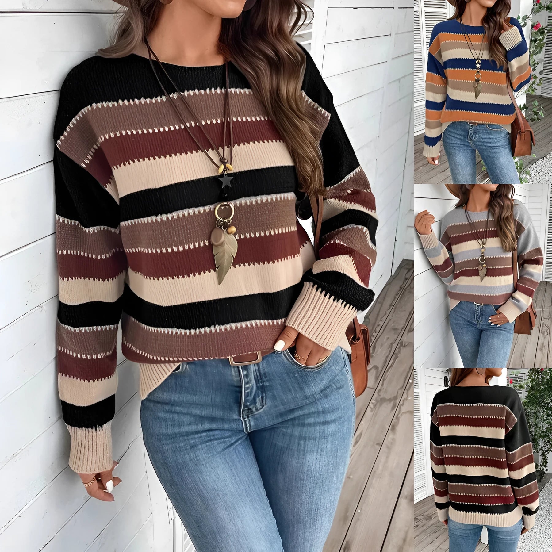 Women's colourblock striped long sleeve pullover sweater in polyester.