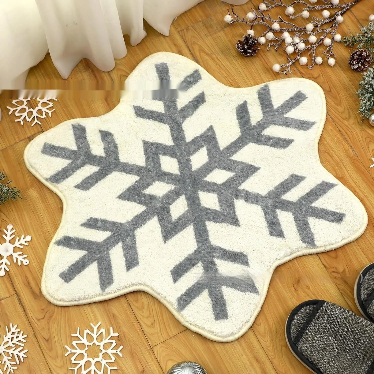 Christmas round pad polyester carpet on floor in 60cm or 80cm size, showing one of ten festive printed designs.