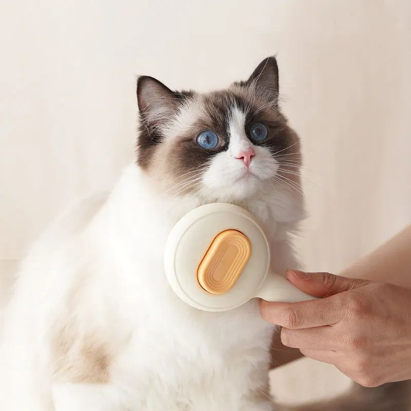 Stainless steel pet grooming brush with a coloured non-slip plastic handle for cats and dogs.