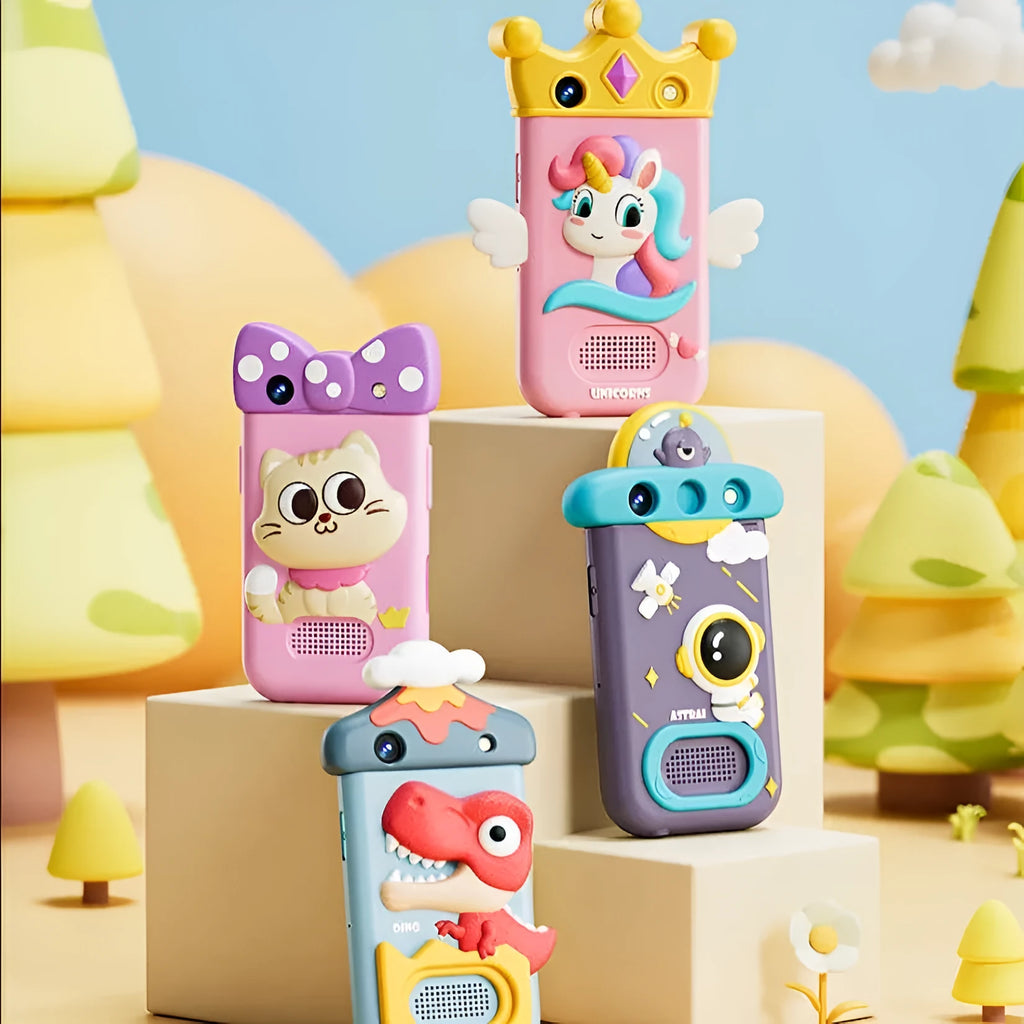Children's toy simulation mobile phone with 22 function flip lens in Kitty and Spaceman styles on white background