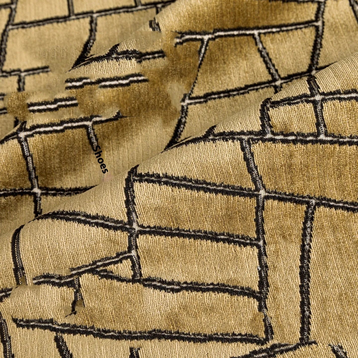 Gold geometric abstract pattern on square and rectangular polyester cushion covers.