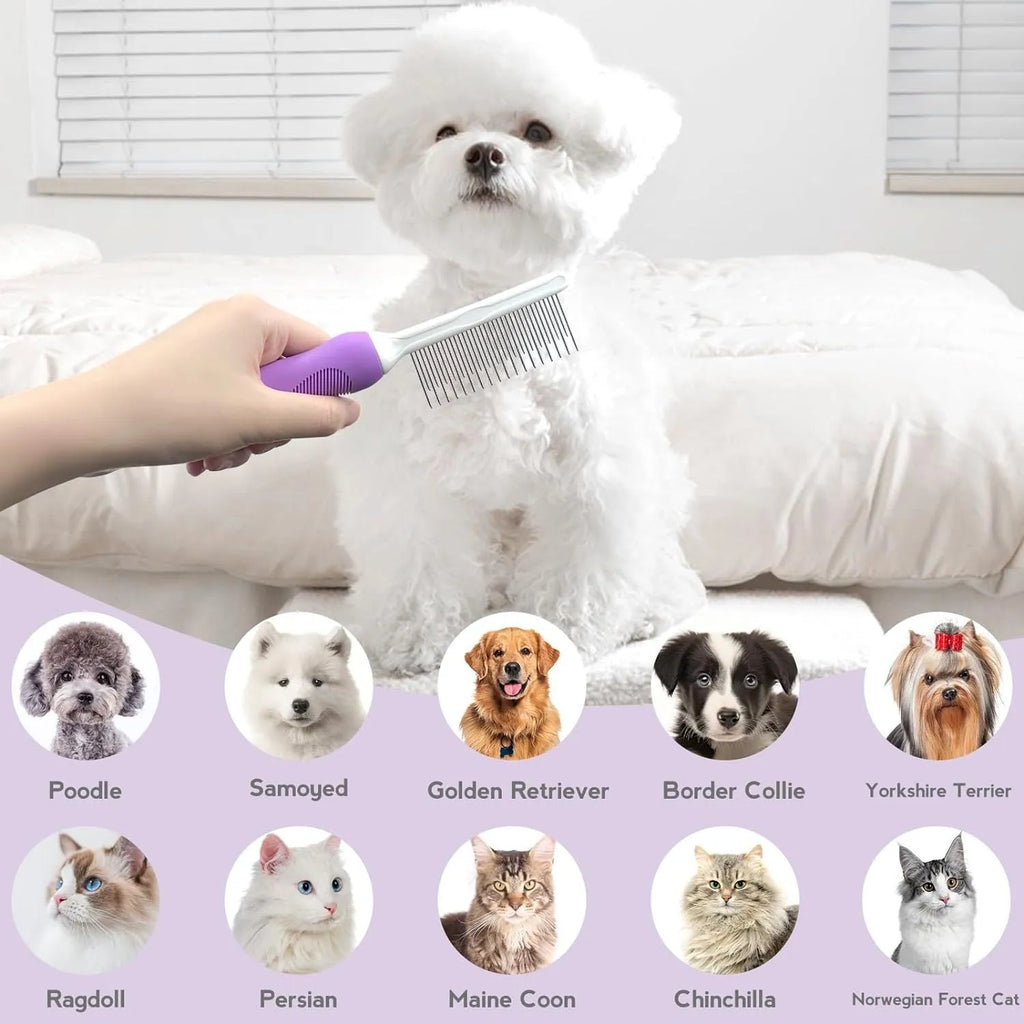Purple pet grooming comb with stainless steel teeth for detangling dog and cat coats