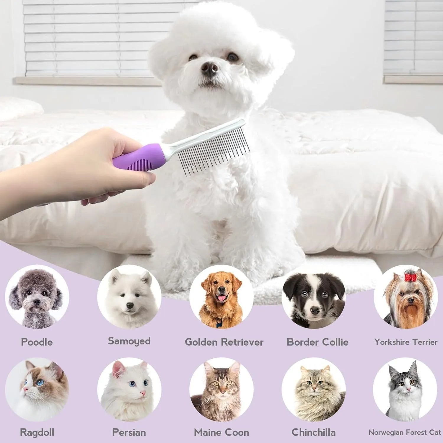 Purple pet grooming comb with stainless steel teeth for detangling dog and cat coats