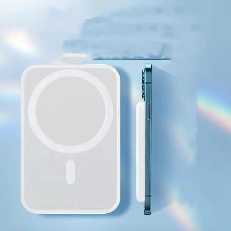 Magnetic wireless charging power bank in white PVC shell with 5000mAh capacity