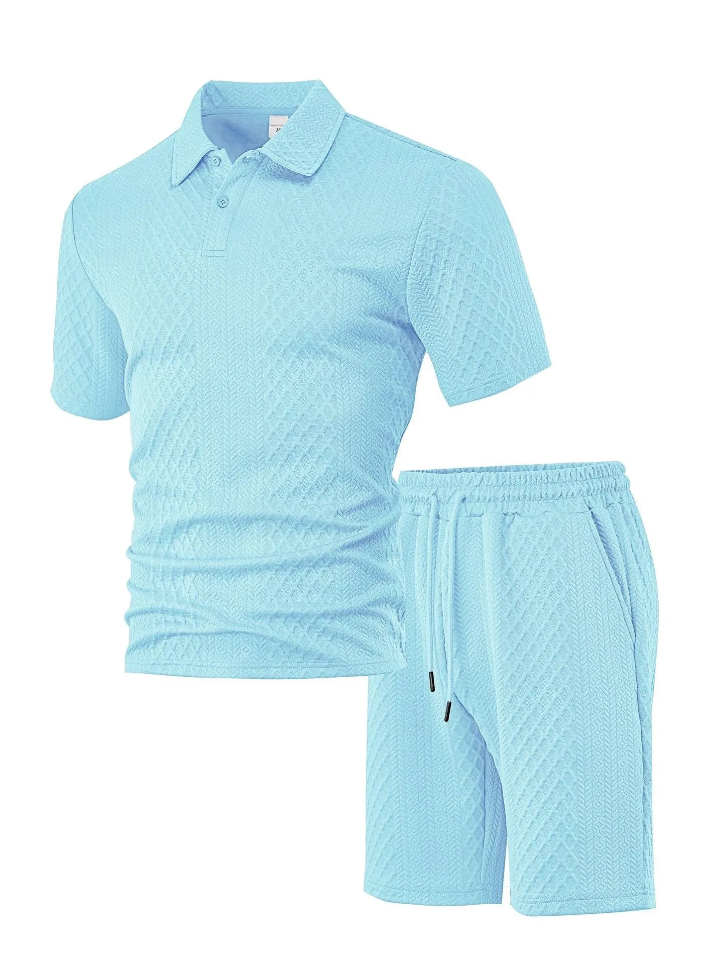 Men's patterned polyester casual short sleeve suit in multiple colours with polo shirt and trousers