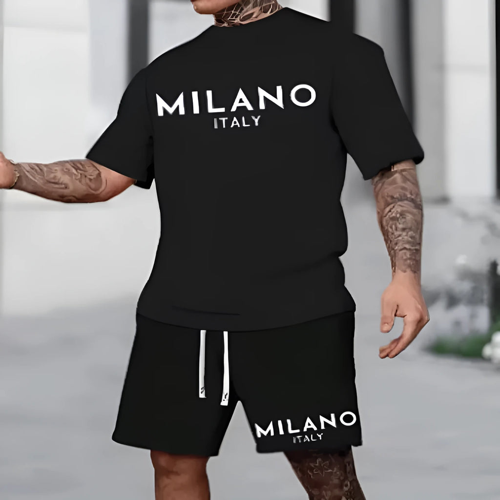 European style round neck short sleeve suit set with matching shorts in polyester fabric