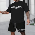 European style round neck short sleeve suit set with matching shorts in polyester fabric