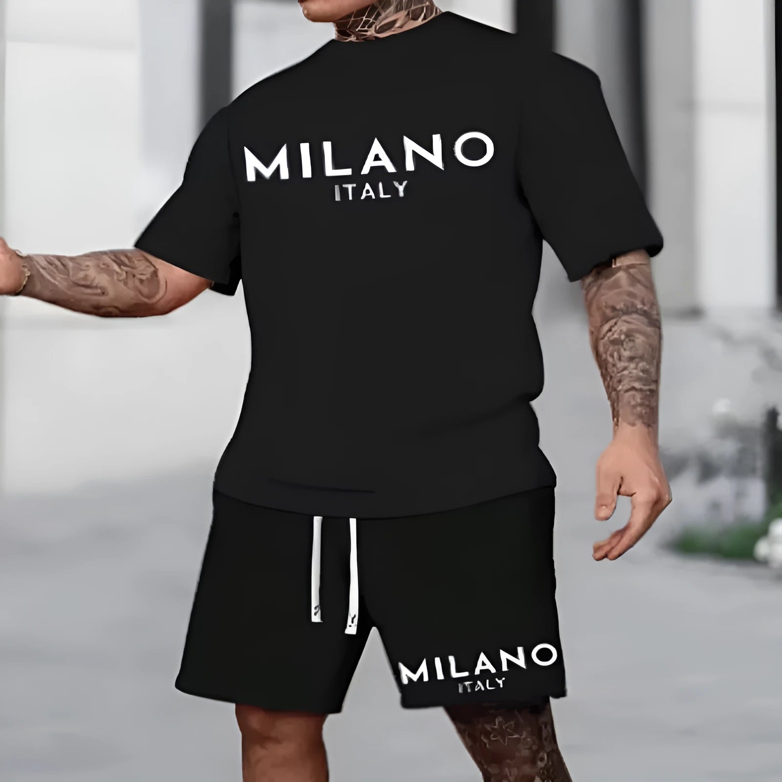European style round neck short sleeve suit set with matching shorts in polyester fabric