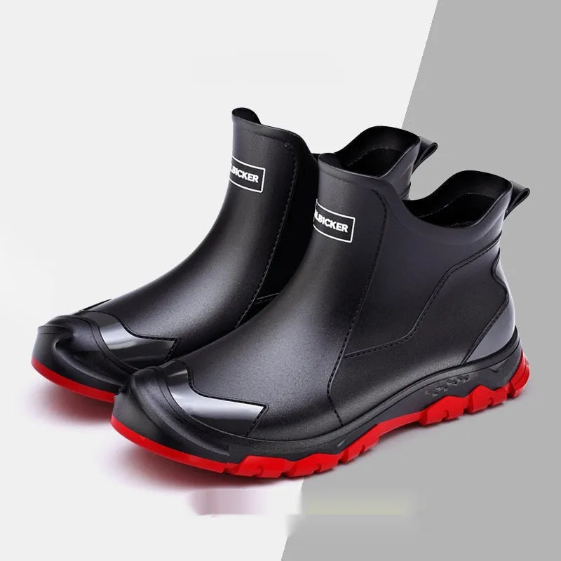 Korean-style PVC short tube rain boots with non-slip plastic soles in black-red colour combination