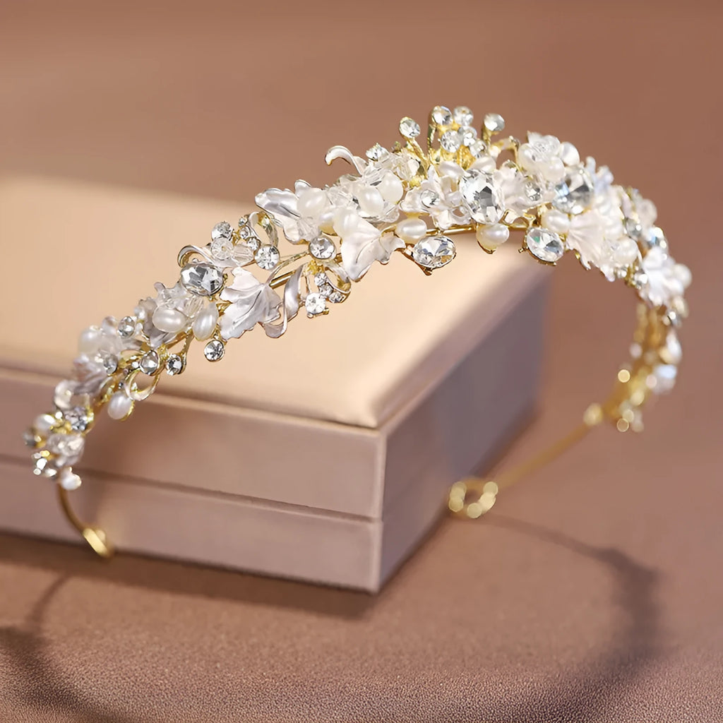 Alloy pearl crown headdress with electroplated gold finish for formal events