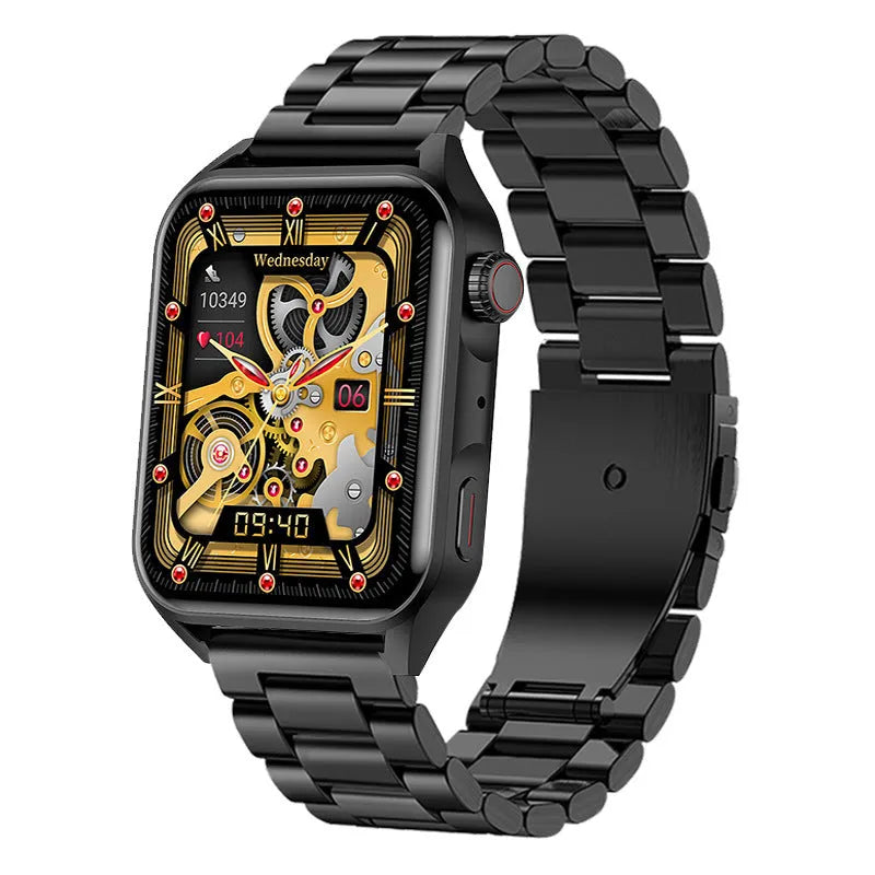 Smart watch with AMOLED screen and stainless steel case on silicone wrist strap