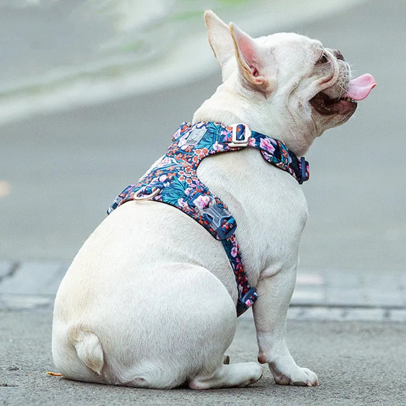 Pure cotton pet chest strap harness in floral colours with adjustable sizing for dogs