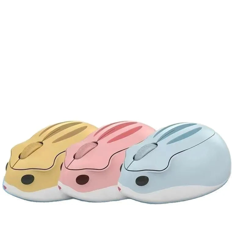 Hamster 109E wireless Bluetooth silent mouse in yellow, pink, or grey colour on a white background.