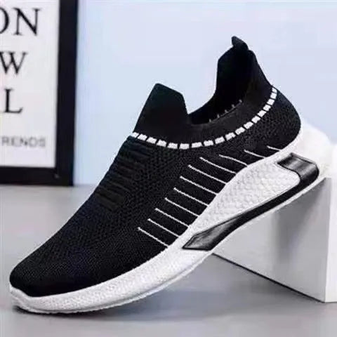 Men's mesh sock shoes with striped design, lightweight slip-on sneakers in black colour