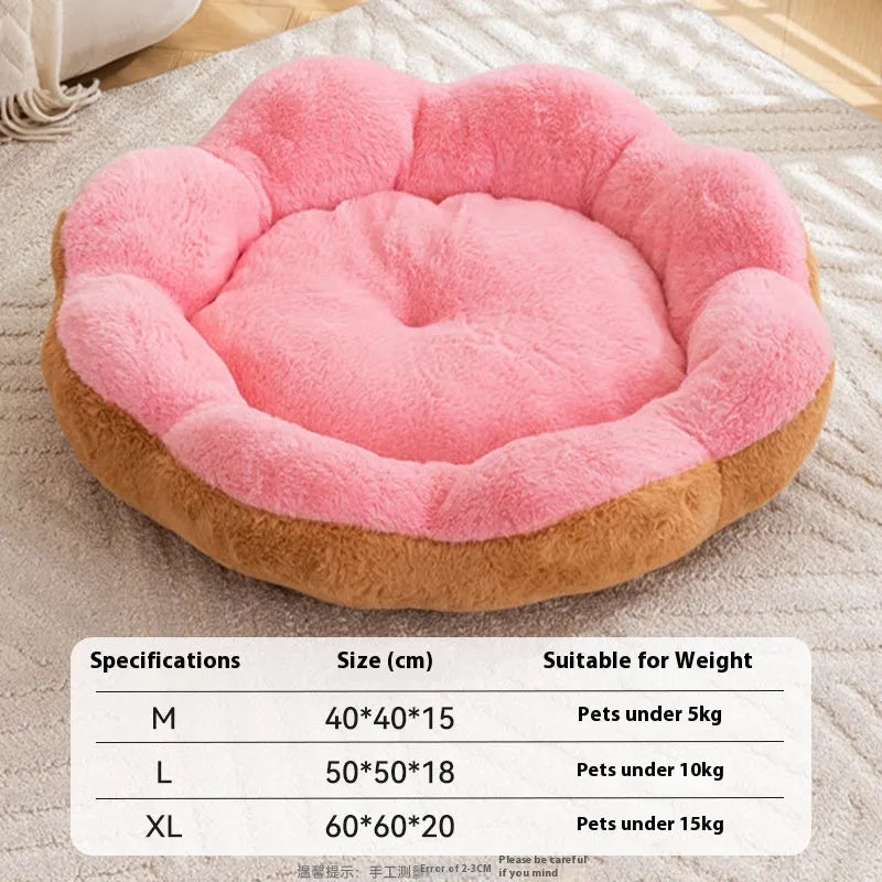 Round rabbit plush cat bed with detachable design in yellow brown colour, shown in L size dimensions