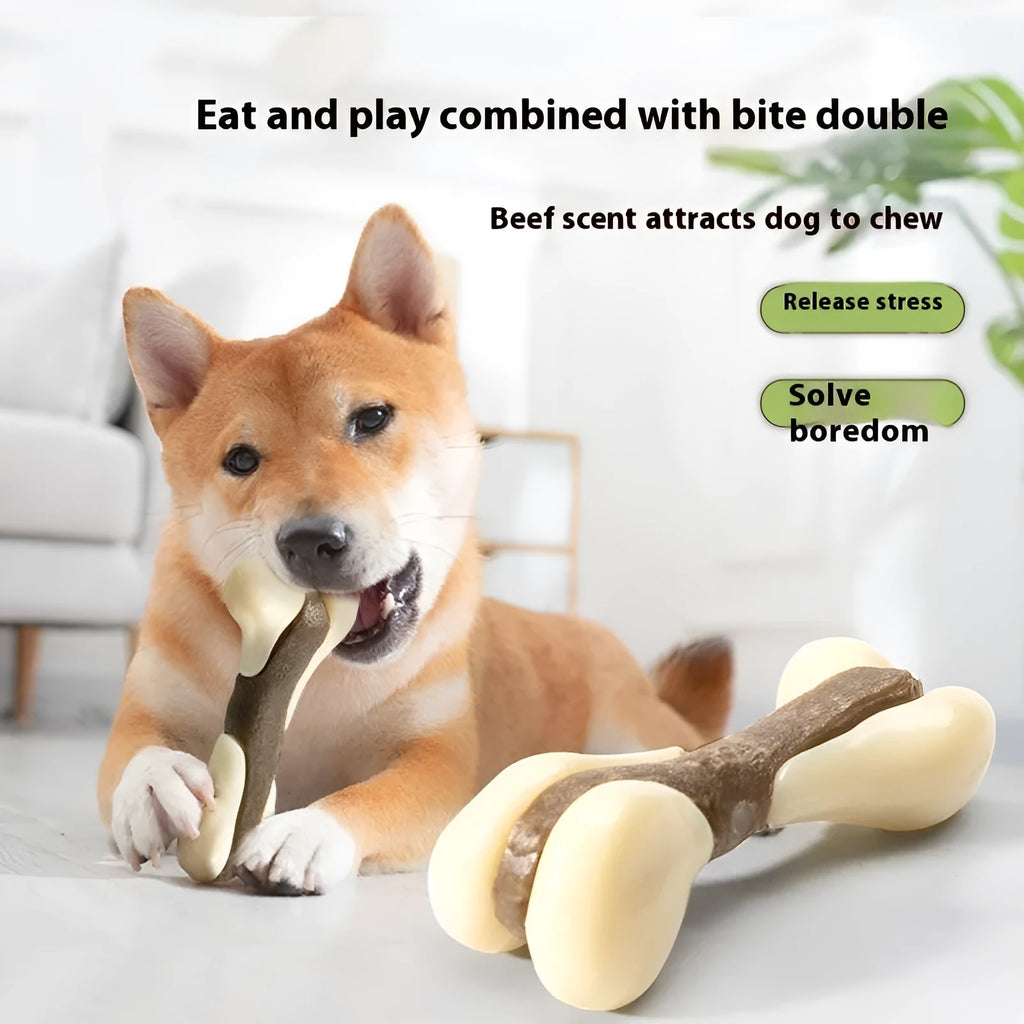Eating and Playing Series dog bone grinding rod in cowhide and nylon construction for teeth cleaning