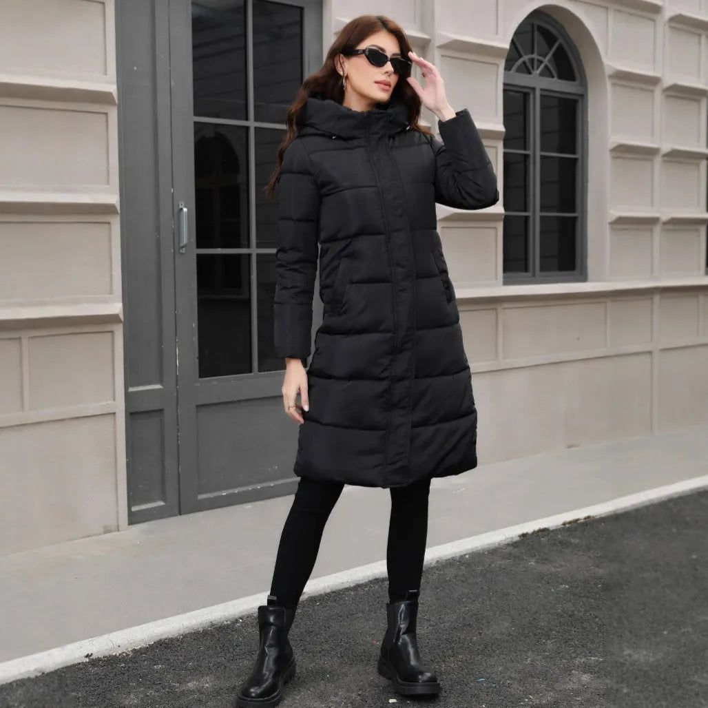 Black hooded slim fit cotton jacket with long sleeves on mannequin