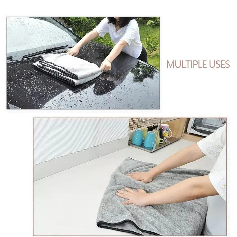 Microfiber car drying towel set showing size options: 75cm by 35cm, 60cm by 40cm, and 100cm by 40cm.