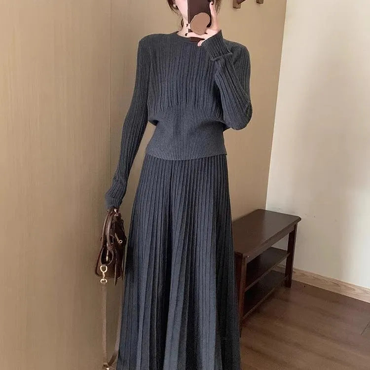 Dark grey artistic retro knitted dress suit with 3D pattern, sweater and skirt set.
