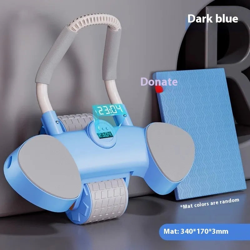 Abdominal wheel with elbow support and automatic rebound mechanism in blue colour