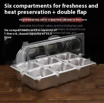 Stainless steel commercial dining plate display box with a removable lid and multiple inner compartments.