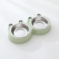 Stainless steel pet double bowl with frog design in blue, for food and water