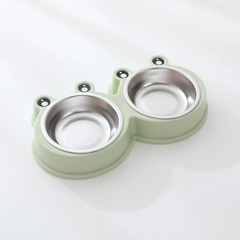 Stainless steel pet double bowl with frog design in blue, for food and water