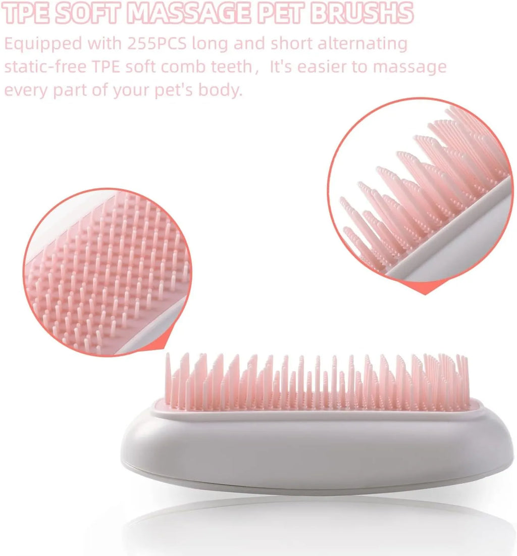 Pink handheld electric vibration pet grooming brush with soft TPE teeth on a white background.