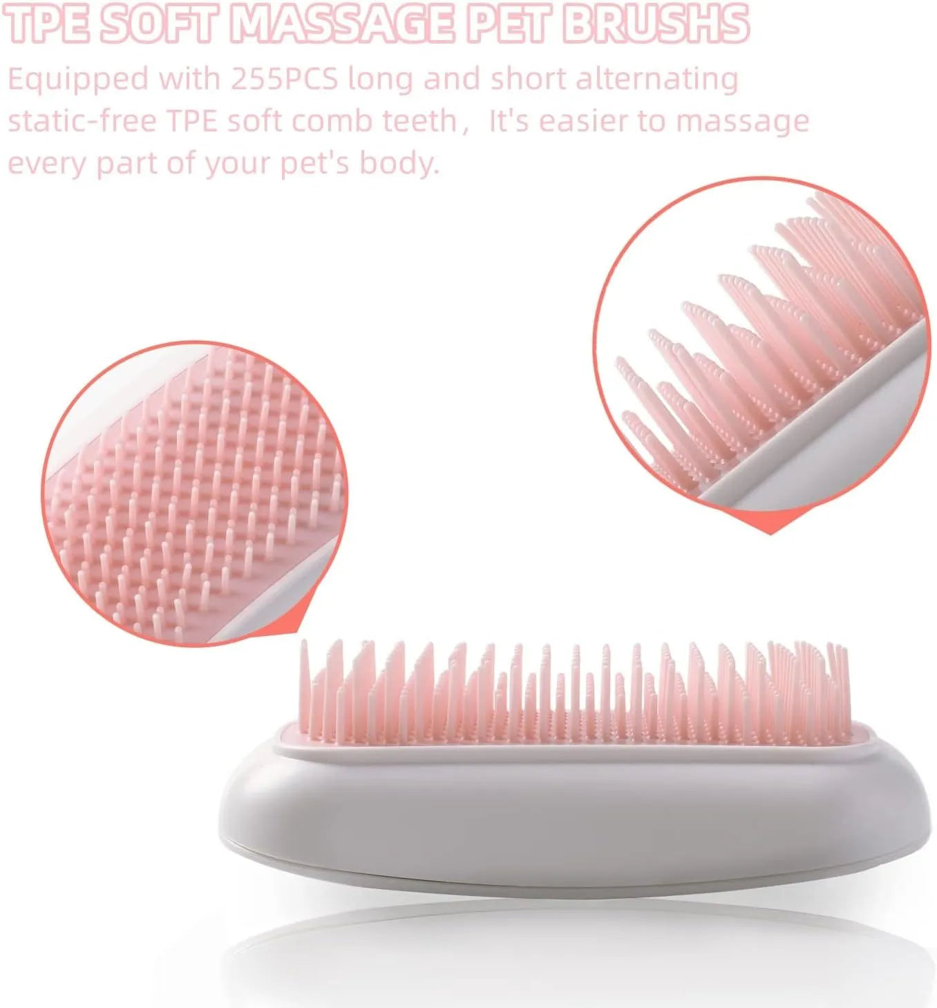 Pink handheld electric vibration pet grooming brush with soft TPE teeth on a white background.