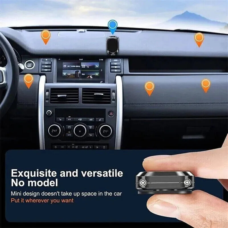 Chrome folding magnetic car phone holder with 360-degree swivel on car dashboard