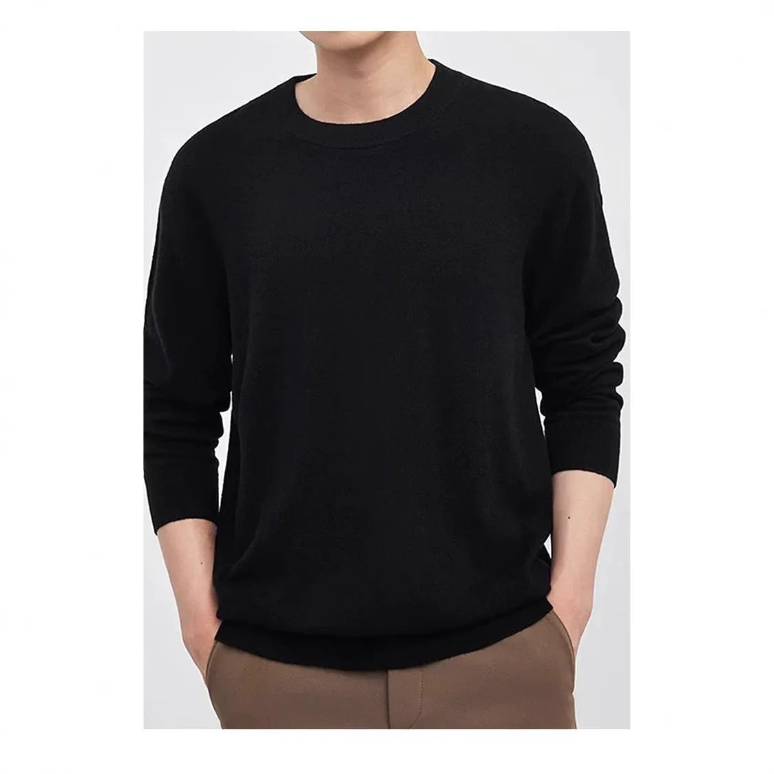 Men's standard wool pullover sweater shown in light camel colour with regular fit and conventional collar