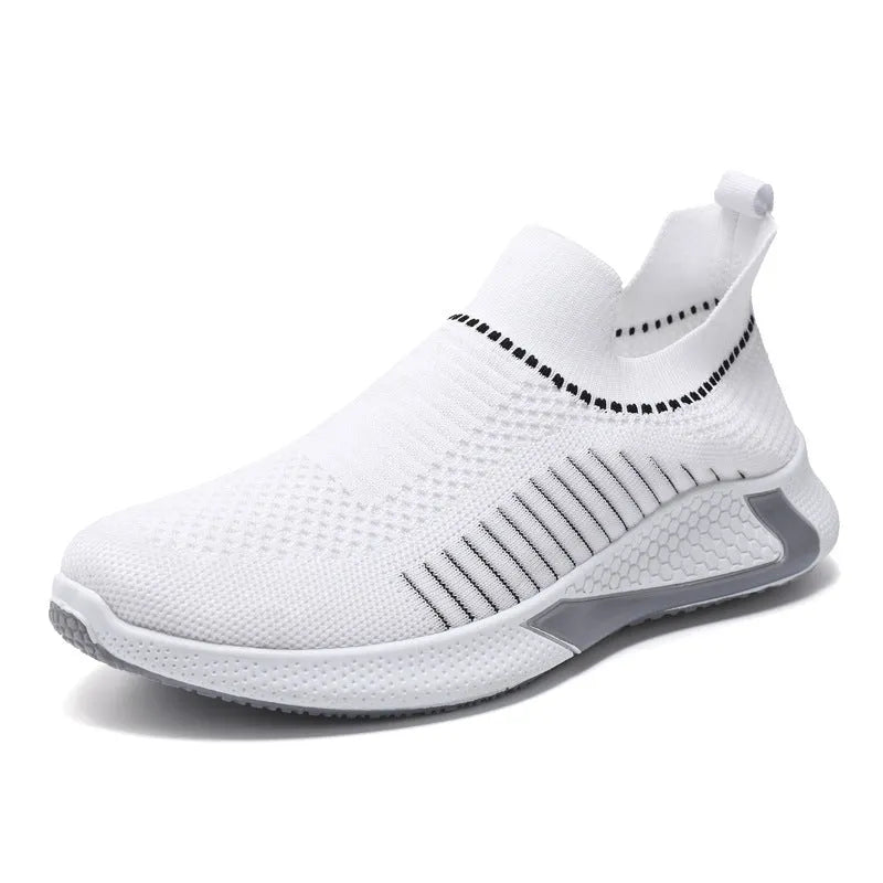 Men's mesh sock shoes with striped design, lightweight slip-on sneakers in black colour