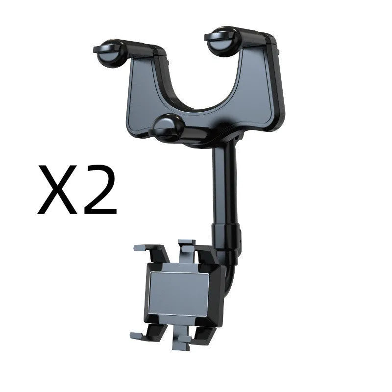Black rearview mirror phone holder with telescopic arm and 360-degree rotation mechanism