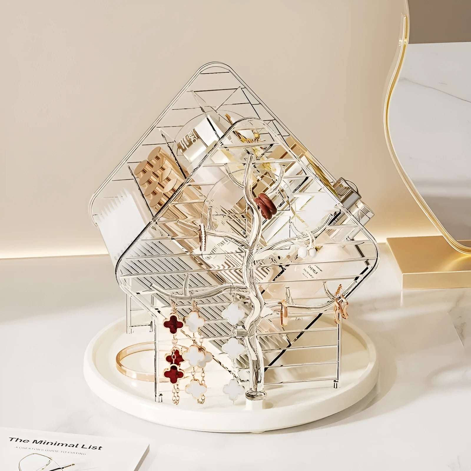 360-degree rotating cosmetics storage box in amber gold or clear plastic for makeup organisation