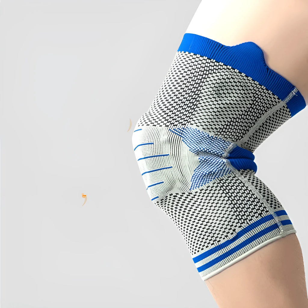Cotton knee pad with silicone spring bar shock absorber in a two-tone colour scheme, shown in M, L, or XL size.
