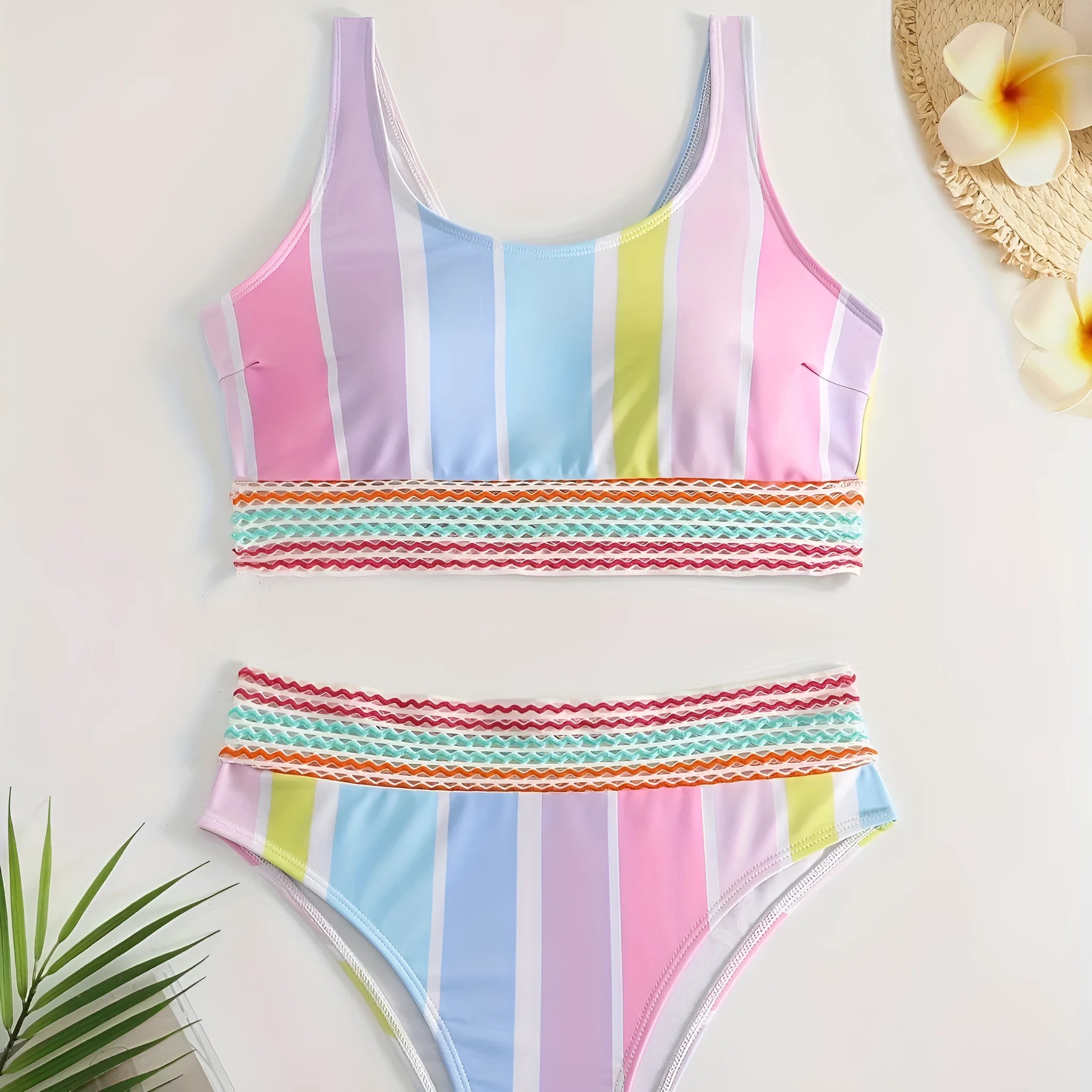 Women's striped bikini swimwear set with European American style pattern in polyester spandex fabric
