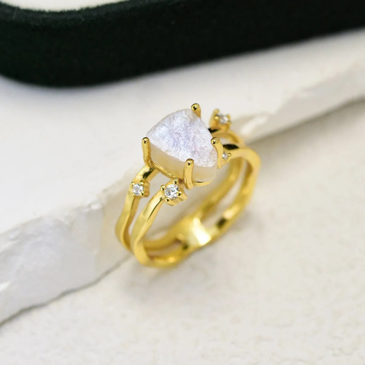S925 sterling silver irregular triangle moonstone ring in geometric design with choice of finishes