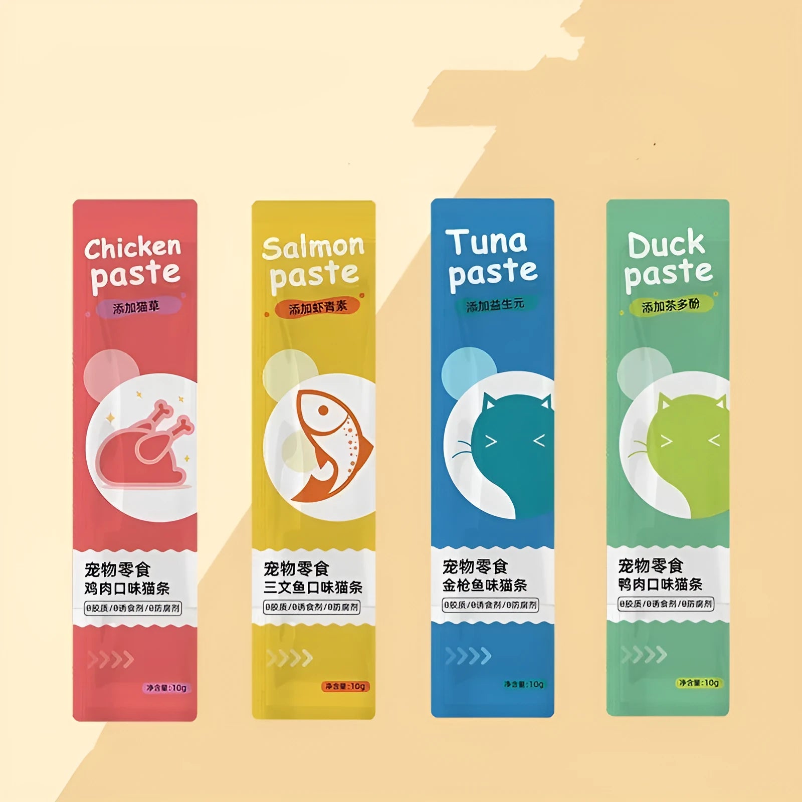 Functional cat strip snacks in four flavours: chicken catgrass, duck tea polyphenol, salmon astaxanthin, tuna prebiotics