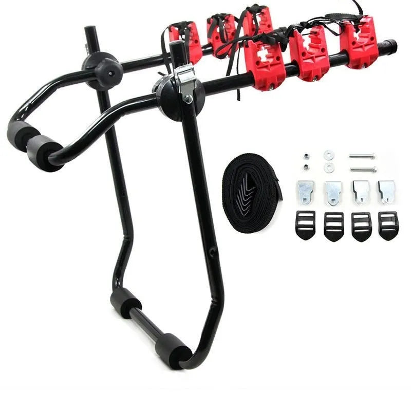Black and red trunk mounted car bike rack with sponge padding, showing either tie rope or pull belt fastening.