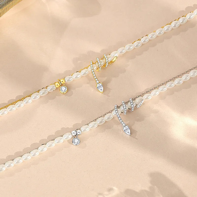 925 silver bracelet with geometric pearl snake design in electroplated gold tone