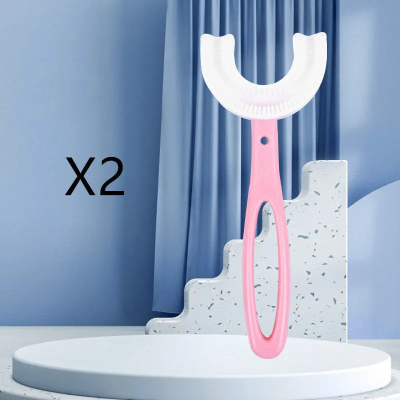 Children's U-shaped soft rubber toothbrush in pink and blue colours for milk teeth cleaning