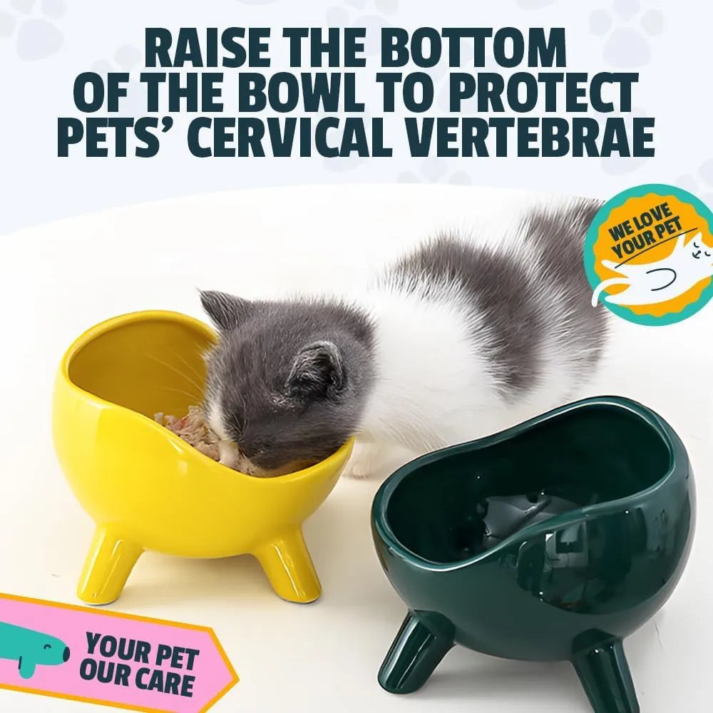 Green ceramic pet food bowl with four-legged stability design for cats and small dogs