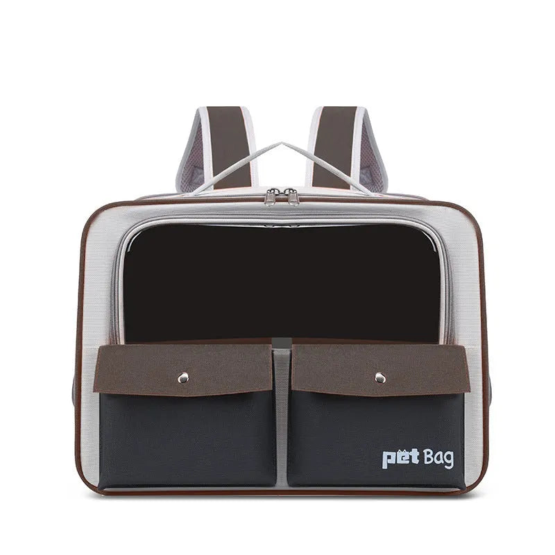 Portable nylon outdoor cat carrier backpack in brown with pull rod and foldable design