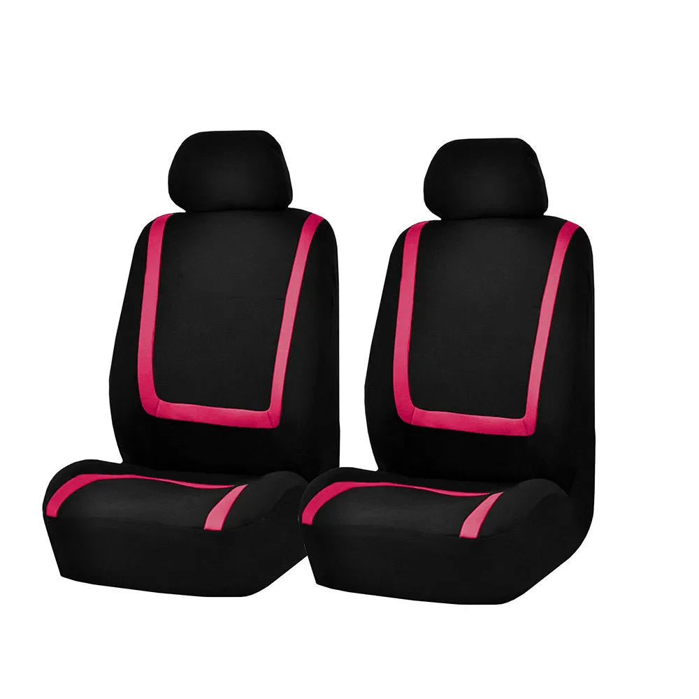 Universal car seat cover set showing fabric construction with headrest and seat protection