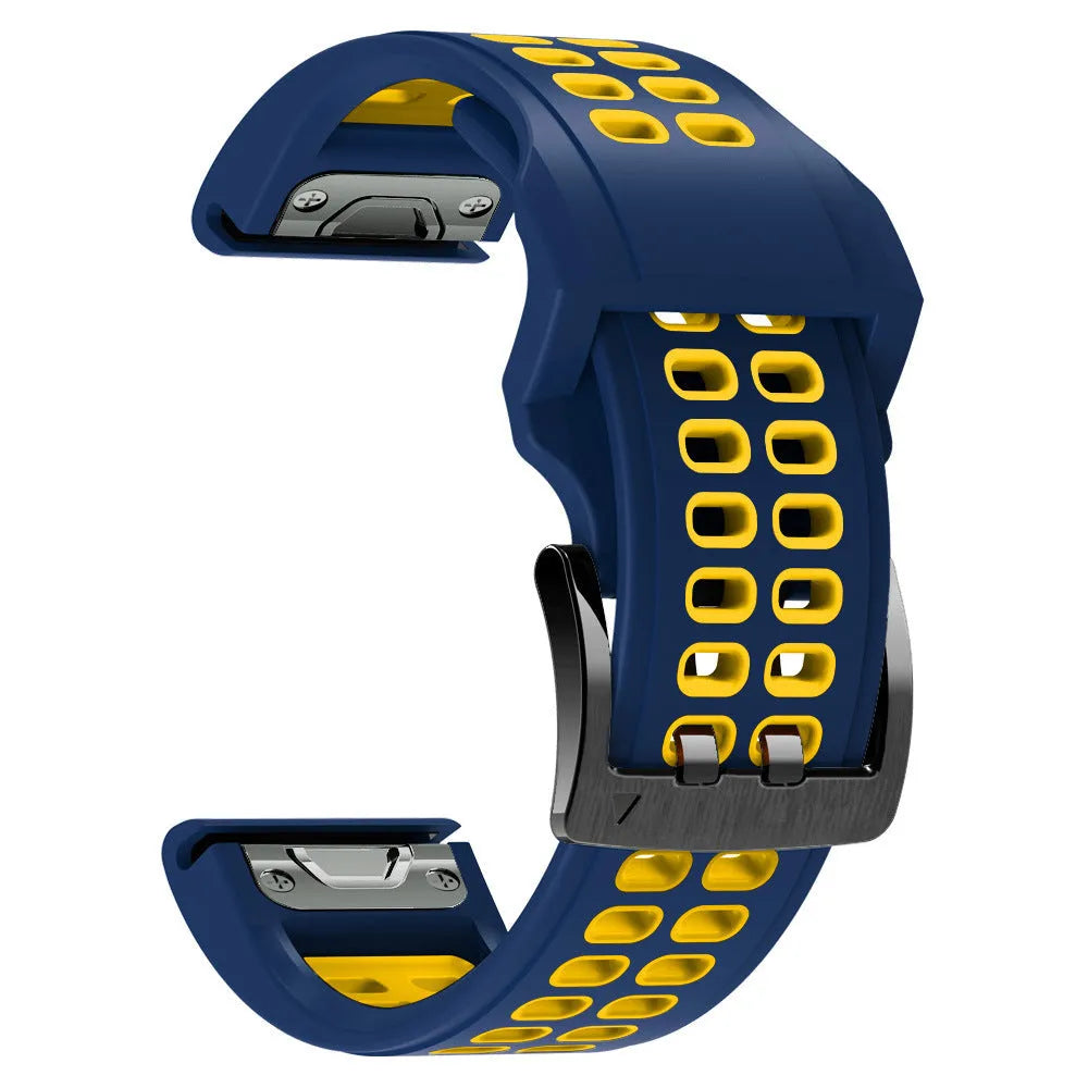 Quick release double-row hole silicone sports watch strap in a two-tone colour on a watch.